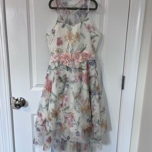 Rare Editions Floral Tulle Dress with Embroidered Waistband Size 12